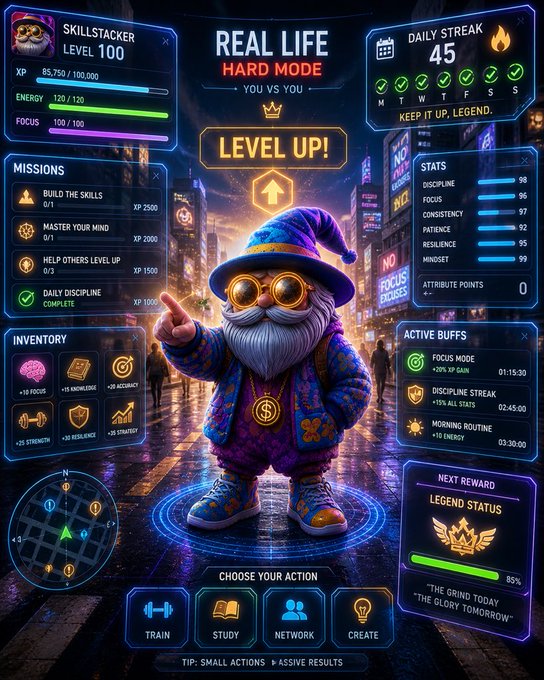 The image shows a gamified "Real Life Hard Mode" interface titled $STKR, featuring a wizard character at Level 100 with stats like Discipline 98, Focus 96, and Consistency 97, along with missions, inventory, and active buffs on a neon-lit city background. It visually represents the post's "$STKR all the way" sentiment by gamifying personal development as if stacking stats and completing daily quests to build legendary status.