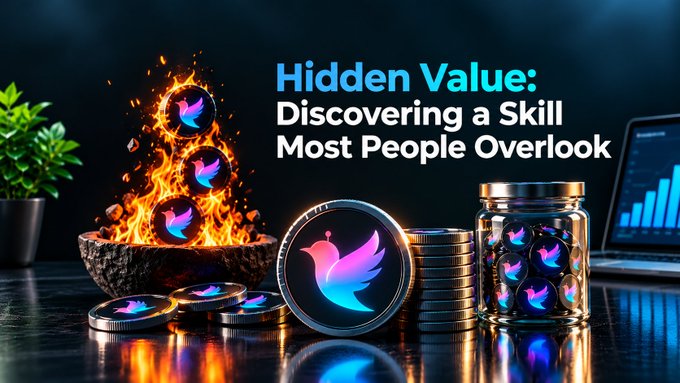 A promotional graphic titled 'Hidden Value: Discovering a Skill Most People Overlook' shows a bird logo on coins, with fire effects and a laptop displaying analytics.
