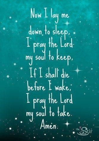 A decorative teal background with stars displaying the children's bedtime prayer 'Now I lay me down to sleep, I pray the Lord my soul to keep...' with 'The Stiff' logo in the corner.