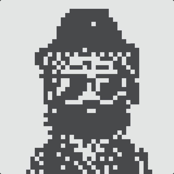 A pixelated, dark gray and white stylized portrait of a figure with a hooded or pointed top, featuring facial details rendered in blocky pixels with white negative space.