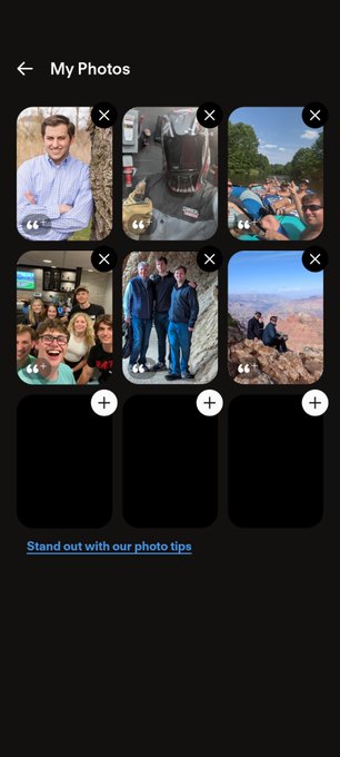 A mobile app screenshot titled 'My Photos' showing a grid of six personal photos including portraits and group shots, with three empty slots marked by '+' icons and a link reading 'Stand out with our photo tips.'