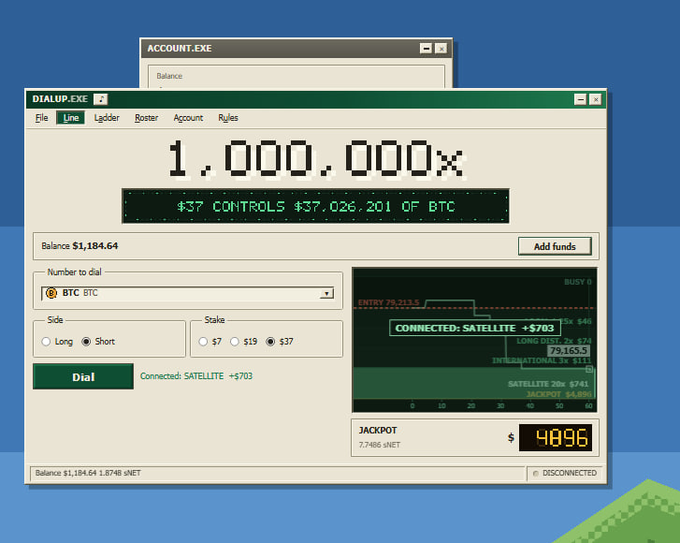 A computer interface screenshot showing a 'DIALUP-PE' window with a BTC/USD trading platform displaying a balance of $1,184.64 and a jackpot of $4,896.