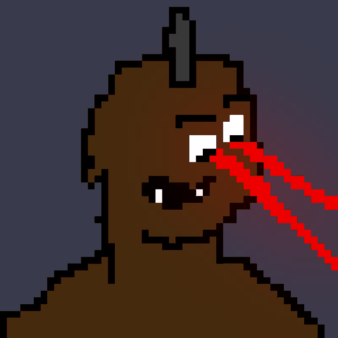 A pixel art illustration of a brown-skinned character with red laser beams shooting from their eyes against a grayish-purple background.