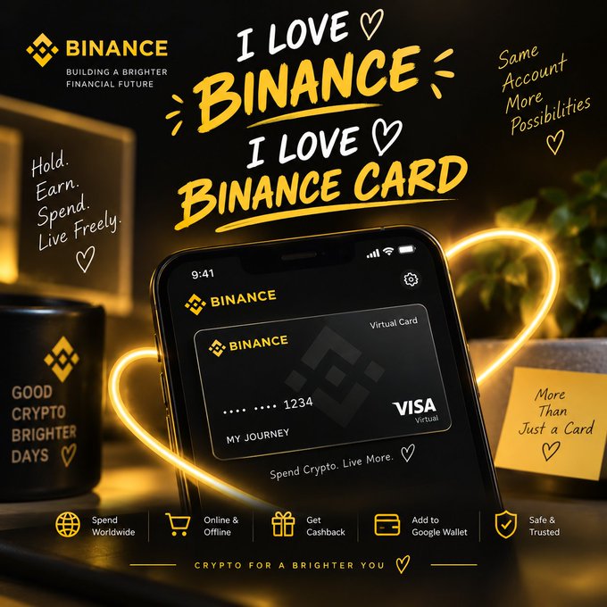 A promotional image for the Binance Card featuring a smartphone displaying a virtual Visa card, alongside the Binance logo and tagline "I LOVE BINANCE, I LOVE BINANCE CARD." The graphic highlights key features like "Spend Worldwide," "Online & Offline," "Cashback," "Add to Google Wallet," and "Safe & Trusted," tying into the post's focus on showcasing unique aspects of the Binance Card beyond its everyday spending benefits.