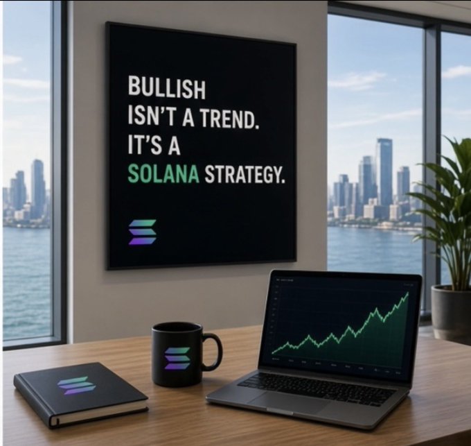 A promotional graphic reading 'BULLISH ISN'T A TREND. IT'S A SOLANA STRATEGY' with the Solana logo, displayed on a wall in an office with a city view, alongside a laptop showing a green price chart.