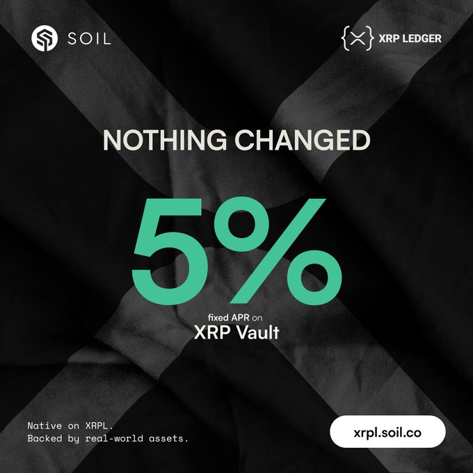 Promotional graphic for SOIL on XRP Ledger advertising 'NOTHING CHANGED 5% fixed APR on XRP Vault', native on XRPL and backed by real-world assets at xrpl.soil.co.