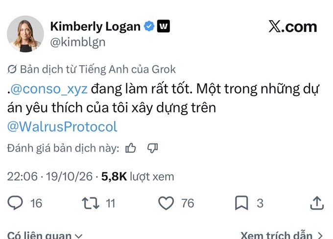 A Vietnamese-translated X.com post by Kimberly Logan (@kimblgn) praising @conso_xyz for doing great work on a favorite project being built on @WalrusProtocol, dated 19/10/26, with 5.8K views.