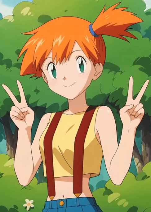 An anime-style illustration of Misty from Pokémon, recognizable by her orange hair in a side ponytail, yellow crop top, and red suspenders, posing with peace signs in a forest setting.