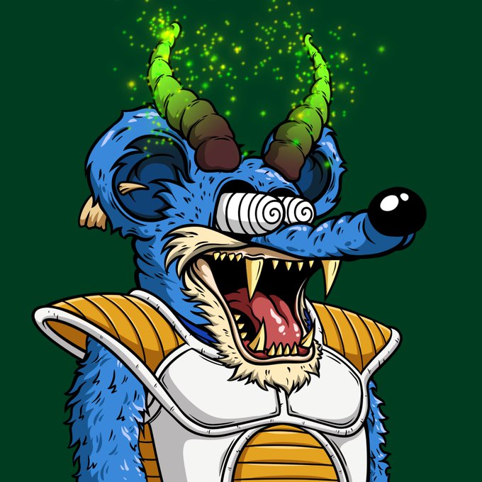 A stylized digital illustration of a blue, anthropomorphic wolf-like creature with green spiraling horns and sharp teeth, wearing white and orange armor against a green background.