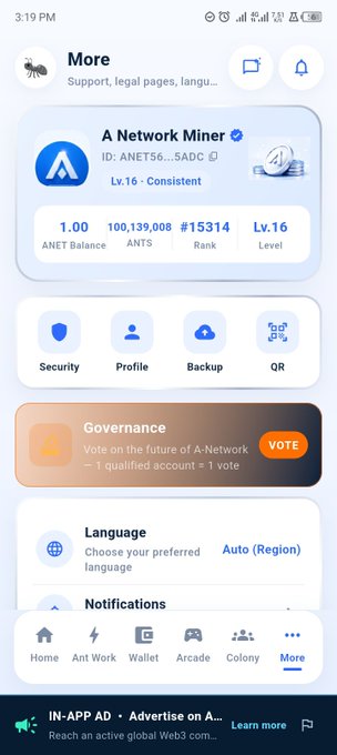 The image shows a mobile screenshot of the "More" section in the A-Network app, displaying a user profile titled "A Network Miner" at Level 16 with rank #15314, holding 100,139,008 ANETS tokens and an ANET balance of 1.00. The post celebrates a 90+ achievement after less than 4 months of consistent investing, with the app screenshot serving as proof of the user's mining rank, token holdings, and level progress within the ANetwork ecosystem.