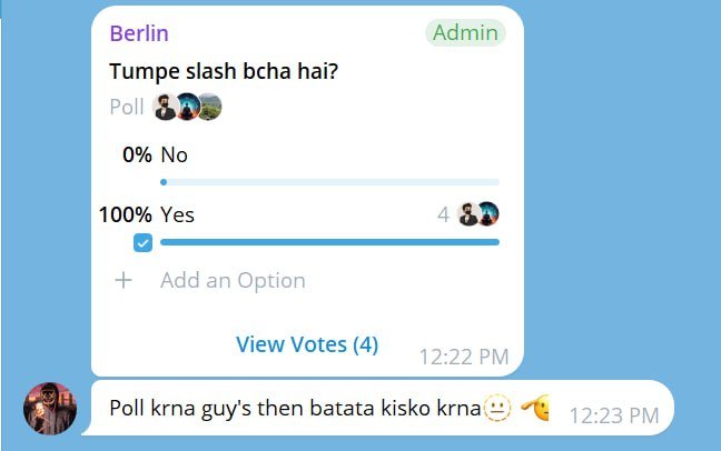 A Telegram chat shows an admin named Berlin posting a poll asking "Tumpe slash bcha hai?" (Do you want a slash on me?), with 100% of 4 votes selecting "Yes," followed by a user's reply at 12:23 PM saying "Poll krna guy's then batata kisko krna" (After polling the guys, I'll let you know who to slash), illustrating the ongoing dispute and call for support mentioned in the post.