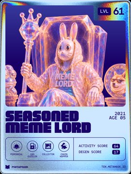 A trading card titled 'SEASONED MEME LORD' at Level 61, featuring a cartoon rabbit on a throne holding a scepter, with stats for an 'OG' of 05 and a Partaman logo.