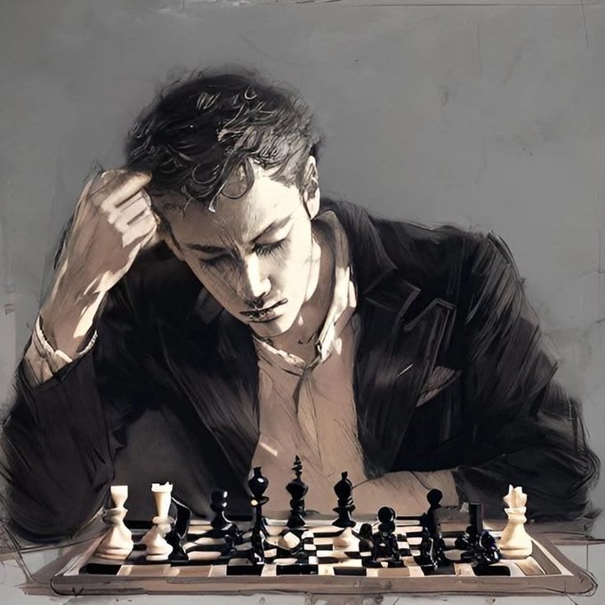A grayscale painted illustration of a young man in a dark jacket leaning over a chess board, hand on his head in deep concentration.