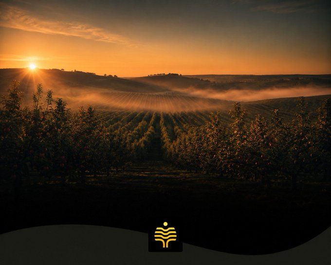 A scenic sunset over rolling orchard hills with morning mist and sun rays, featuring a small logo of a sprouting plant at the bottom center.