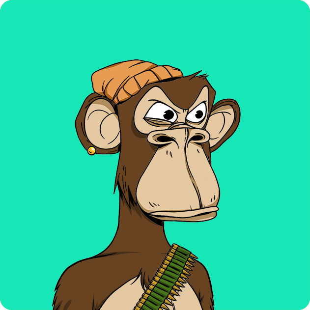 A cartoon illustration of a brown monkey with a serious expression wearing an orange beanie, a gold earring, and a green bullet bandolier against a solid green background.