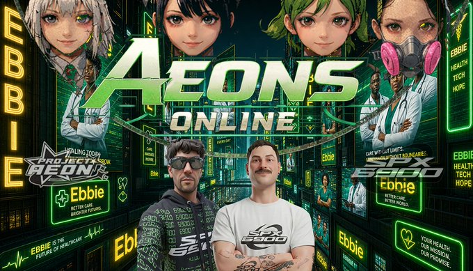 Promotional artwork for 'Aeons Online' featuring two men in the foreground and four anime-style female characters in the background amidst green digital advertisements for 'Ebbie Health Tech'.