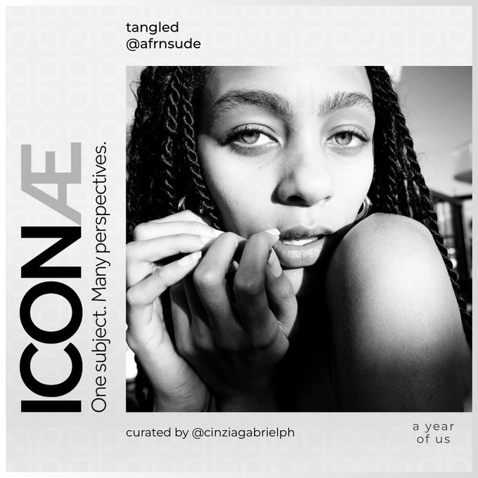Square black-and-white photo of a young woman with braided hair resting her chin on her hand, titled 'tangled' by @afrnsude, part of an 'ICON' curated collection by @cinziagabrielph themed 'a year of us'.