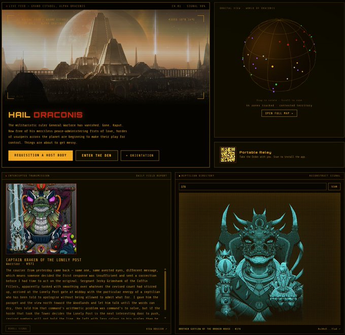 A sci-fi themed dashboard titled "HAIL DRACONIS" displays information about a militaristic ruler, an orbital view of Draconis, and details about "CAPTAIN KRAKEN OF THE LONELY POST" with NFT artwork.