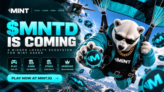 A promotional banner featuring a polar bear wearing sunglasses and a blue MINT hoodie skydiving, with text reading '$MNTD IS COMING', 'PLAY • EARN • OWN • GROW', and 'PLAY NOW AT MINT.IO'.