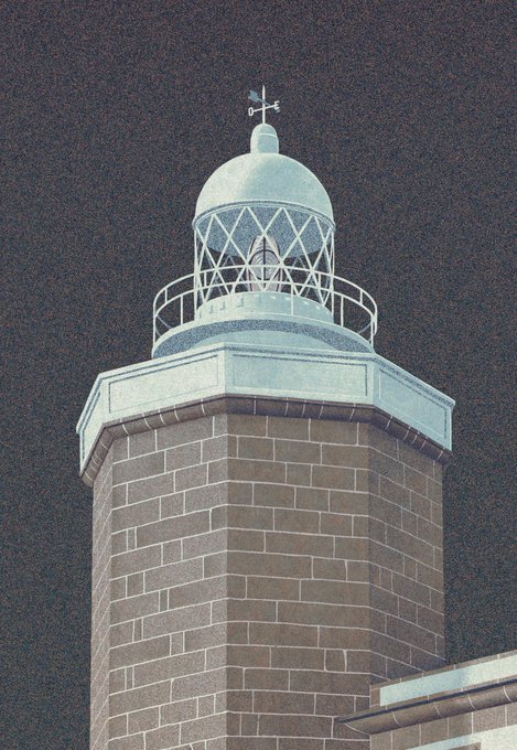 A grainy nighttime photograph of a brick lighthouse or tower topped with a pale blue dome, railing, and a weather vane.
