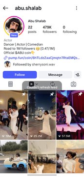 An Instagram profile page for 'abu.shalab' showing 479K followers, described as a Dancer, Actor, and Comedian from Mumbai, with 1M followers on the indicated platform.