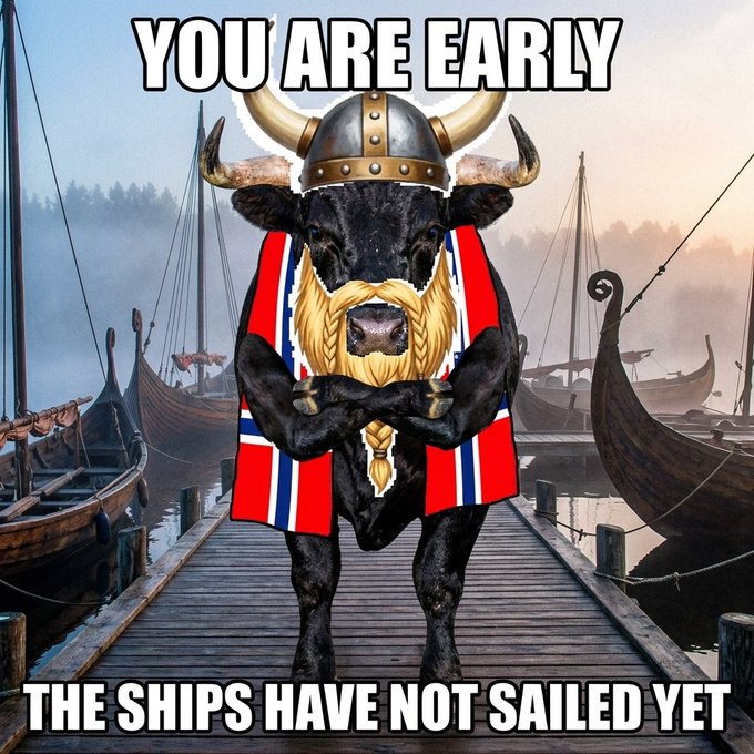 A cartoon Viking cow wearing a horned helmet and a Norwegian flag cape stands with crossed arms on a dock full of Viking longships, with text reading "YOU ARE EARLY" at the top and "THE SHIPS HAVE NOT SAILED YET" at the bottom. The image serves as a humorous warning that the $VIKING token hasn't launched yet, playfully telling viewers they're arriving ahead of the ship.
