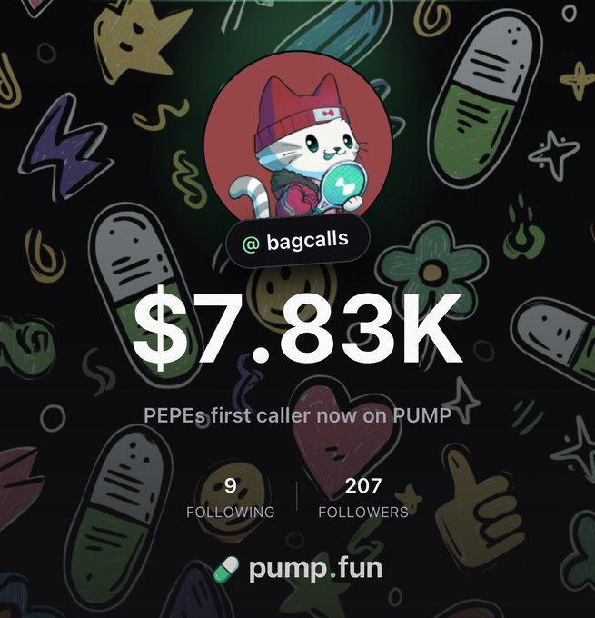 A promotional graphic from "@bagcalls" on pump.fun displays a milestone of "$7.83K" with the text "PEPEs first caller now on PUMP," alongside stats showing 9 following and 207 followers. The image ties to the post's goal of reaching 500 (likely followers or supporters) during a stream, celebrating the account's growing traction on the platform.