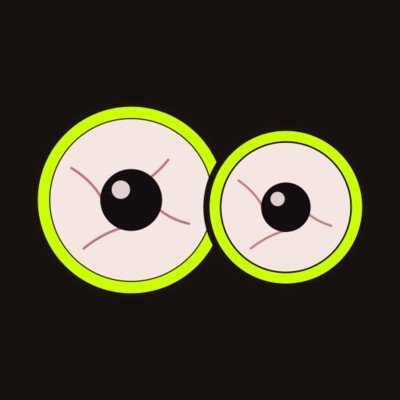 A cartoon illustration of two large, bloodshot eyes with green outlines on a black background, giving a tired or dazed expression.