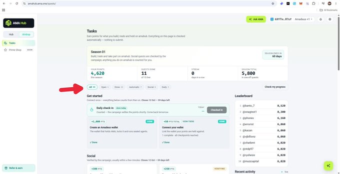 A screenshot of the AMAX Hub airdrop page showing tasks and a red arrow pointing to a tier selection bar with a "5x boost" of 5,800 points.