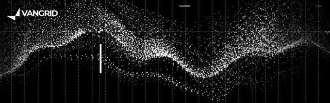 A stylized graphic featuring a wave-like pattern of white particles against a black background, with the "VANGRID" logo displayed in the upper left corner, visually representing the company's $9M seed funding announcement backed by investors like HashKey Capital, Animoca Brands, and Crypto.com Capital.