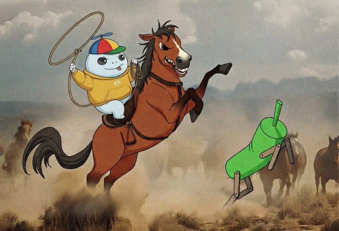 A cartoon mascot wearing a propeller hat and yellow hoodie with "fih" written on it rides a rearing brown horse while lassoing a green rocket-shaped object in a dusty plain with other horses in the background, visually symbolizing "$fih" launching into a price pump.