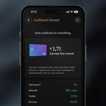 A smartphone screen displaying a 'Cashback Earned' page showing €1.71 earned this month on a Visa card, with rates listed for card spend (3%), referrals ($10+ each), trades (0.15%), and borrows (0.20%).