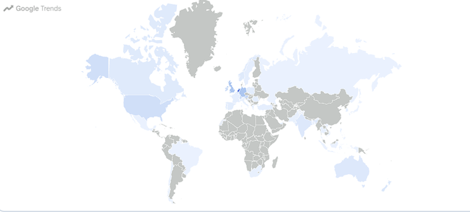 A Google Trends world map displays varying shades of blue across different regions, indicating data intensity.
