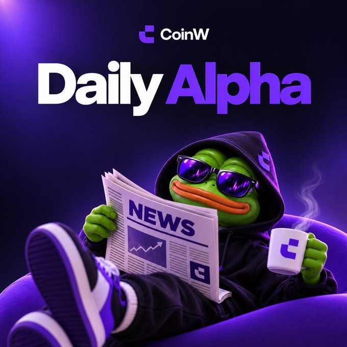 CoinW-branded promotional graphic for “Daily Alpha,” showing a green frog in sunglasses, a black hoodie, and sneakers reading a “NEWS” newspaper while holding a branded mug.