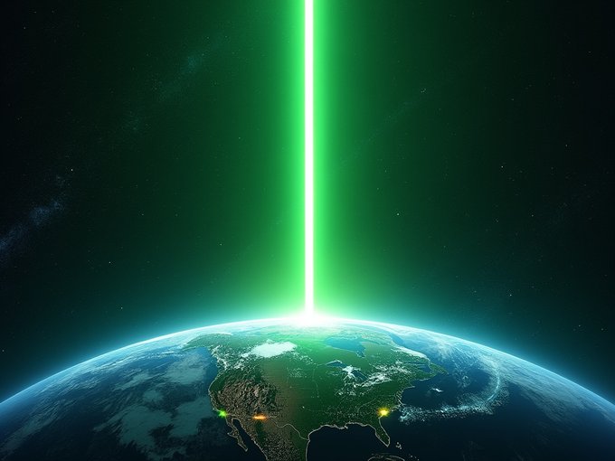 A dramatic sci-fi illustration showing a bright green laser beam striking Earth from space, with North and Central America visible below illuminated by the impact.