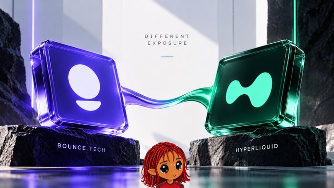 The image features two glowing glass cubes on rocky pedestals—one purple labeled "BOUNCE.TECH" and one green labeled "HYPERLIQUID"—connected by a flowing liquid bridge, with the text "DIFFERENT EXPOSURE" above and a small cartoon character with red hair at the bottom. It visually represents the post's point about how Bounce.Tech's leveraged tokens achieve their target exposure through Hyperliquid perpetual contracts, with the connecting liquid symbolizing the backing relationship between the two platforms and the tagline emphasizing that this rebalancing mechanism produces "different exposure" compared to other leveraged token designs.