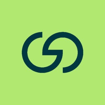 A minimalist logo features two interlocking dark green circular shapes forming a 'G' on a light green background.