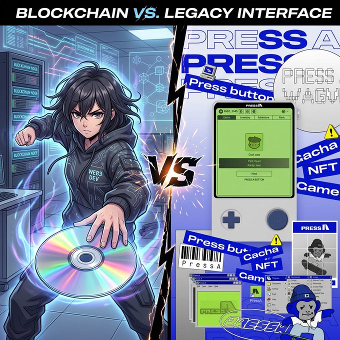 The image, titled "BLOCKCHAIN VS. LEGACY INTERFACE," is a meme-style split illustration contrasting a sleek cyberpunk scene of a female developer manipulating a glowing CD amid blockchain servers (left) against a chaotic collage of outdated game-like "PRESS A BUTTON" and "Gacha NFT Game" interfaces (right), visually mocking the gamified, low-effort user experiences on Web3 platforms like Soneium. It humorously reinforces the post's claim that scoring badges in Soneium requires only trivial "press the button" activities rather than genuine engagement.