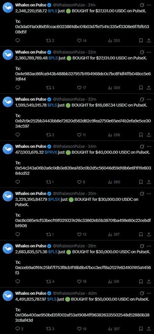 A series of Twitter/X posts from 'Whales on Pulse' (@WhalesonPulse) showing large cryptocurrency purchases in $PLS and $USDC on PulseX.