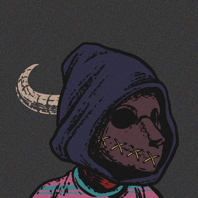 An illustrated hooded figure with a stitched mouth and yellow X's across their lips, wearing a dark purple hood and pink patterned clothing.