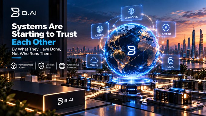 A promotional graphic for B.AI featuring a futuristic cityscape with a holographic globe displaying categories like 'AI MODELS,' 'IDENTITY,' 'PAYMENT,' 'COMPUTE,' and 'DATA,' with the tagline 'Systems Are Starting to Trust Each Other - By What They Have Done, Not Who Runs Them.'