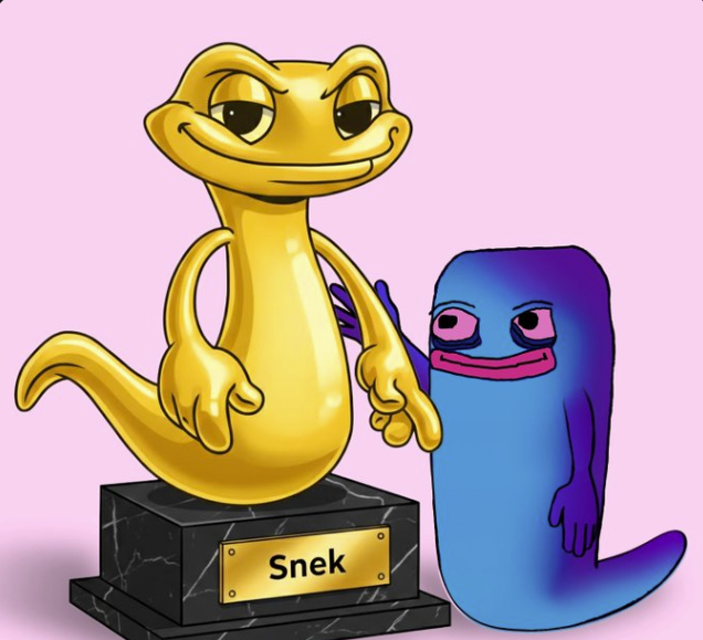 The illustration features the golden Snek mascot standing triumphantly on a marble trophy base labeled "Snek," alongside a sad-looking blue character, humorously representing the recent dip in Cardano's ($ADA) ecosystem despite SNEK token's prized status.