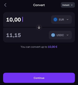 A currency conversion screen showing 10.00 EUR being converted to 11.15 USDC, with a note that 'You can convert up to 10.00 €'.