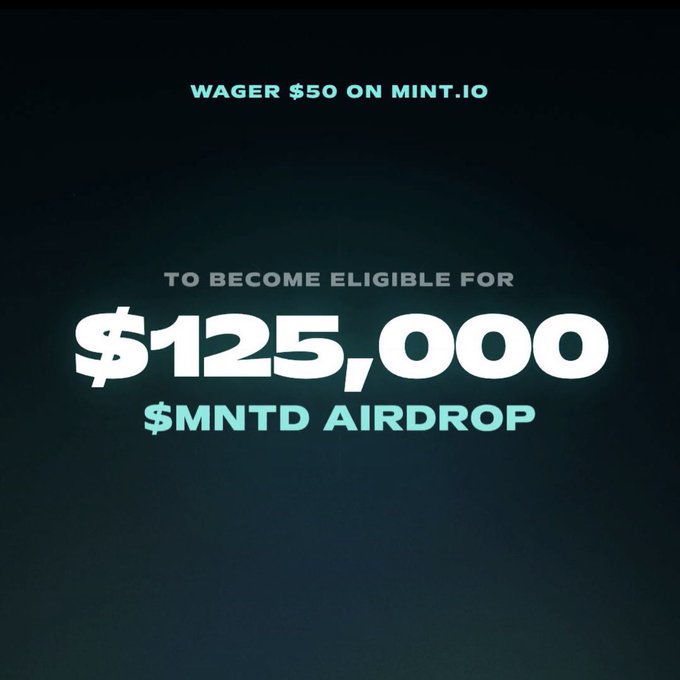 The image is a promotional graphic with a dark teal background announcing that wagering $50 on MINT.IO makes users eligible for a $125,000 $MNTD airdrop. It visually emphasizes the key details mentioned in the post—the $50 wager requirement and the $125K $MNTD reward—with bold, glowing typography to highlight the promotion's value.