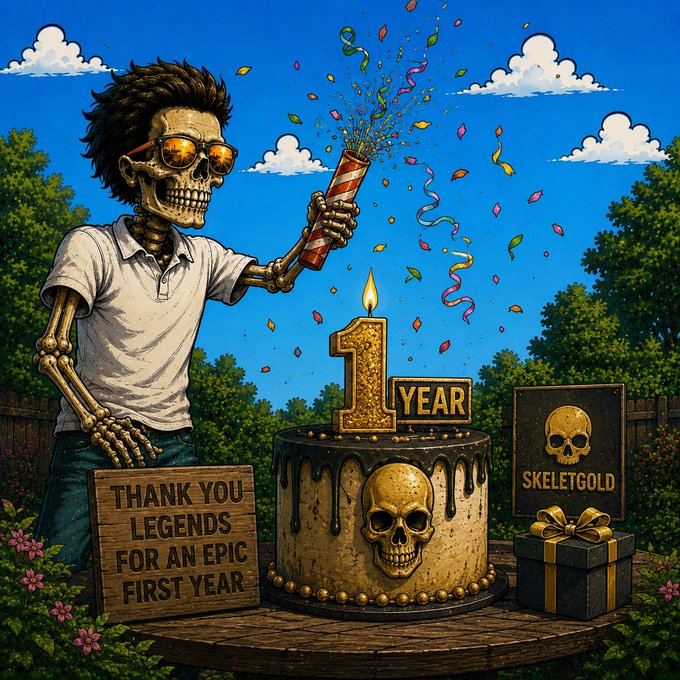 A cartoon illustration of a skeleton character wearing sunglasses holding a confetti popper next to a '1 YEAR' cake, with signs reading 'THANK YOU LEGENDS FOR AN EPIC FIRST YEAR' and 'SKELETGOLD.'