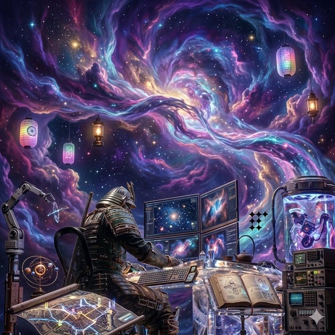 The image features a man sitting at a desk surrounded by various electronic equipment, including multiple monitors displaying different planets and stars. The man appears to be wearing a helmet with a sword attached to his head as he works on a keyboard. The background of the image is filled with colorful clouds and stars, creating an otherworldly atmosphere.

The post includes a link to the image that reads: "Focus on what is in the image and how it relates to the post". This suggests that the image might be related to a discussion or analysis about the content displayed in the image, possibly connecting it to a specific topic or event.
