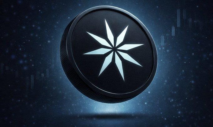 A stylized black coin with a glowing eight-point star emblem floats against a cosmic, star-filled background with subtle candlestick chart silhouettes, visually symbolizing the cryptocurrency token "$ION" and its bullish market trajectory toward the stated $1B market cap goal.