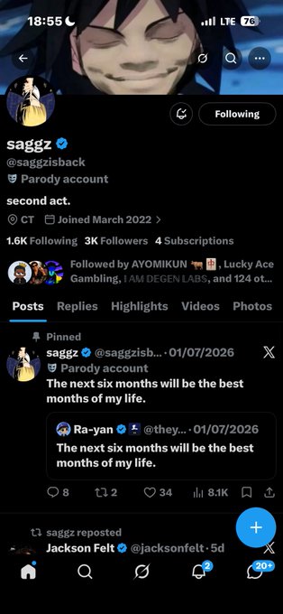 A screenshot of an X (formerly Twitter) profile for a parody account named 'saggz' (@saggzisback), labeled 'Parody account' and 'second act,' joined March 2022, with a pinned post quoting Ra-yan's tweet: 'The next six months will be the best months of my life.'