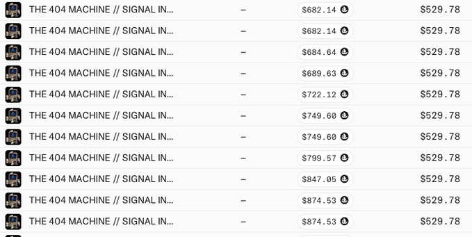 A table showing multiple purchases of "THE 404 MACHINE // SIGNAL IN..." artwork at varying prices ranging from $682.14 to $874.53, with a consistent reference value of $529.78 displayed on the right—suggesting the buyer paid premiums above a baseline price, fitting the skeptical "INK🙄" caption.