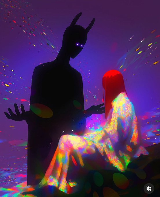 A digital painting depicts a tall, dark silhouette with glowing purple eyes and antennae standing beside a seated figure with red hair rendered in vibrant, multicolored light against a purple cosmic background.